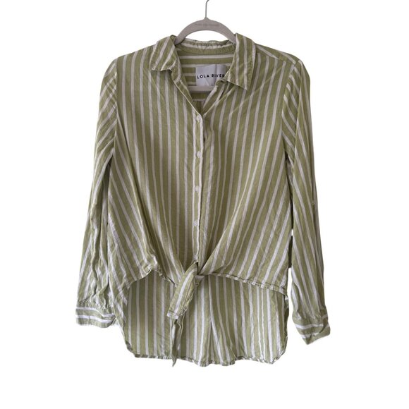 Lola River Green White Striped Button-Down Shirt With Tie-Front  Lightweight - Picture 1 of 14